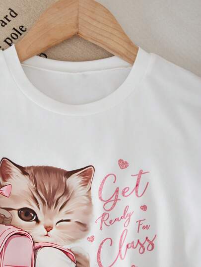 تيشيرتات بناتي مجموعة من 2 قطعة للبنات، ملابس علوية ذات أكمام قصيرة برقبة دائرية مزينة برسم قطة رسوم متحركة جذابة، وتنورة ذات طيات