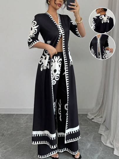 Rafferiza قطعتان مجموعة أنيقة للنساء في الصيف سشوة قصيرة الأكمام وبياقة على شكل حرف V وبنطلون طويل بخصر مطاطي مزخرف بالورود، مجموعة لونية متعددة مصنوعة من النسيج