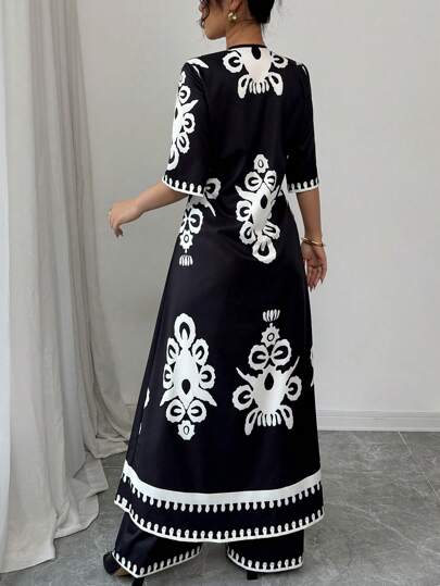 Rafferiza قطعتان مجموعة أنيقة للنساء في الصيف سشوة قصيرة الأكمام وبياقة على شكل حرف V وبنطلون طويل بخصر مطاطي مزخرف بالورود، مجموعة لونية متعددة مصنوعة من النسيج