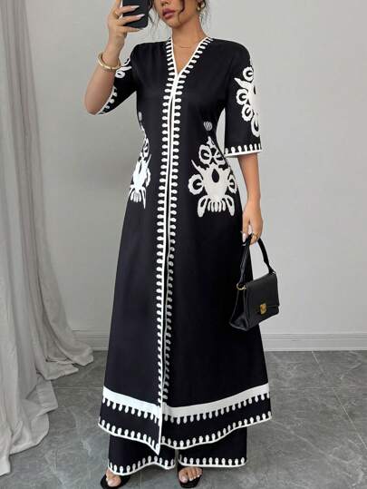 Rafferiza قطعتان مجموعة أنيقة للنساء في الصيف سشوة قصيرة الأكمام وبياقة على شكل حرف V وبنطلون طويل بخصر مطاطي مزخرف بالورود، مجموعة لونية متعددة مصنوعة من النسيج