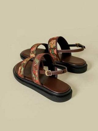 صنادل نسائية ذات كعب سميك مع أربطة وإبزيم، طباعة أزهار بوهيمية باللون البني الكافيه، فتحة للأصابع، مضادة للانزلاق ومريحة بكعب منحني، أحذية صيفية جديدة وعصرية للشاطئ والاستخدام اليومي