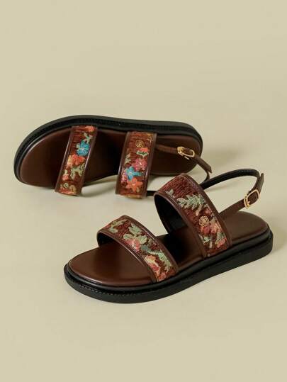 صنادل نسائية ذات كعب سميك مع أربطة وإبزيم، طباعة أزهار بوهيمية باللون البني الكافيه، فتحة للأصابع، مضادة للانزلاق ومريحة بكعب منحني، أحذية صيفية جديدة وعصرية للشاطئ والاستخدام اليومي