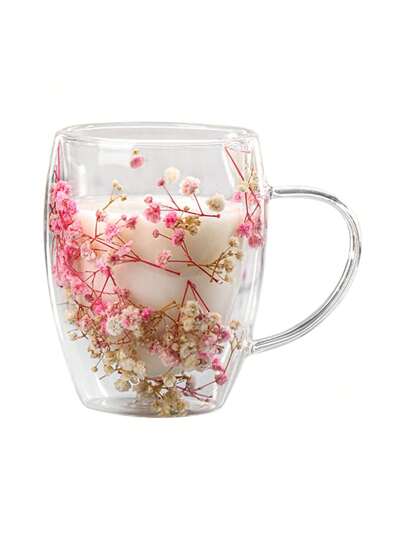 كوب زجاجي ذو جدارين شفافين - مزين بأزهار الجبسوفيلا الجافة الوردية، كوب قهوة طازج وفني، مناسب لاستخدام المنزل والمكتب، عازل للحرارة ومقاوم للحروق، يمكن استخداه لحفظ القهوة والحليب والشاي وغيرها من المشروبات، خيار رائع لهدايا عيد الميلاد والمناسبات.