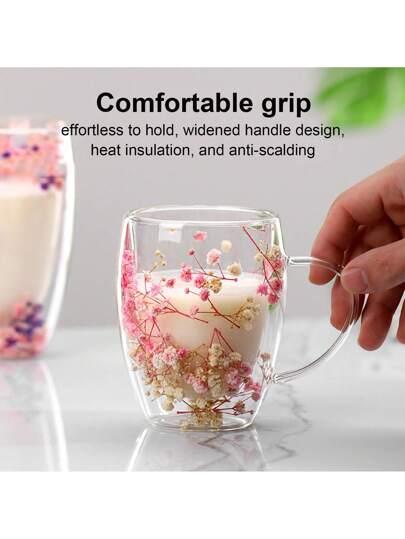 كوب زجاجي ذو جدارين شفافين - مزين بأزهار الجبسوفيلا الجافة الوردية، كوب قهوة طازج وفني، مناسب لاستخدام المنزل والمكتب، عازل للحرارة ومقاوم للحروق، يمكن استخداه لحفظ القهوة والحليب والشاي وغيرها من المشروبات، خيار رائع لهدايا عيد الميلاد والمناسبات.