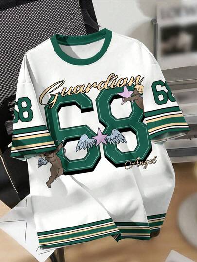 SHEIN تي شيرت بأكمام قصيرة و ياقة دائرية بطباعة الرقم 68 للأولاد المراهقين بأسلوب بسيط وعصري، مناسب للصيف