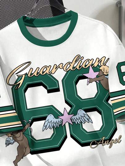 SHEIN تي شيرت بأكمام قصيرة و ياقة دائرية بطباعة الرقم 68 للأولاد المراهقين بأسلوب بسيط وعصري، مناسب للصيف