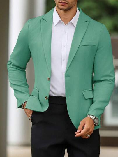 Manfinity Mode بدلة رسمية بأكمام طويلة، لون واحد، أناقة عصرية مينيمالية، بدلة بليزر كاجوال مناسبة للأعمال والصيف، بدلة بليزر للرجال للحفلات الرسمية