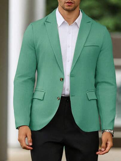 Manfinity Mode بدلة رسمية بأكمام طويلة، لون واحد، أناقة عصرية مينيمالية، بدلة بليزر كاجوال مناسبة للأعمال والصيف، بدلة بليزر للرجال للحفلات الرسمية