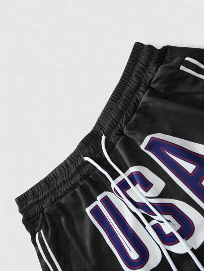 Manfinity Streetrush شورتات رجالية Manfinity Sporsity طباعة حرف مطاطية الخصر جيوب، شورتات رجالية مطبوعة رجال ملابس رجالية