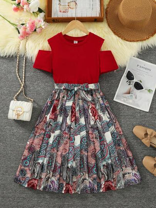 girls-sets مجموعة ربيعية/ صيفية لفتيات المراهقات بتنورة ميني مزدانة بطيات بأسلوب بوهيمي مع توب كم قصير ممزق