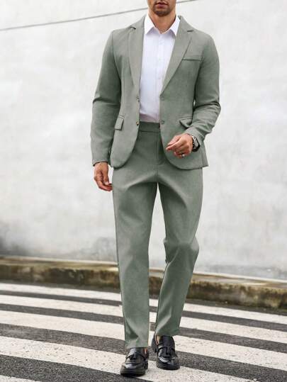 Manfinity Mode بدلة رجالية ذات لون أحادي تتكون من سترة برقبة التقاليب وبنطلون ذات أكمام طويلة