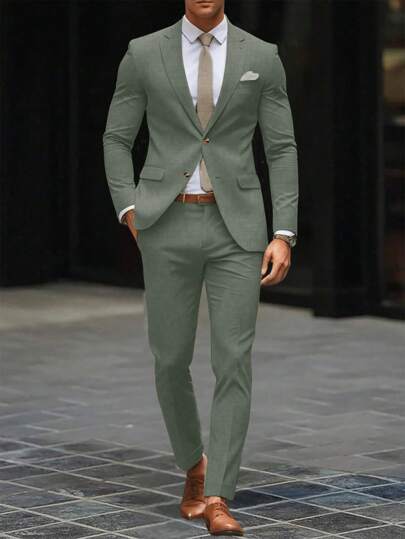 Manfinity Mode بدلة رجالية ذات لون أحادي تتكون من سترة برقبة التقاليب وبنطلون ذات أكمام طويلة