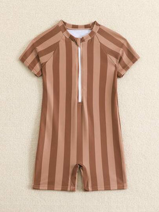 مايوه أولادي ملابس شاطئ أطفال صبيان موديل بسيط عصري، رومبير سباحة كاملة قصيرة الأكمام مزودة بسحاب أمامي، ملابس سباحة عطلة صيفية عصرية للوقاية من الشمس