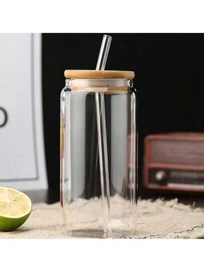 كوب قش من الزجاج الشفاف - غطاء خشبي، كوب مشروبات بطراز بسيط، مناسب لمتاجر الشاي المثلج والقهوة، يمكن أن يحتوي على العصائر والمشروبات الممزوجة والمياه الفوارة والكولا، صحي وسهل الحمل، خيار مثالي للمشروبات الصيفية.