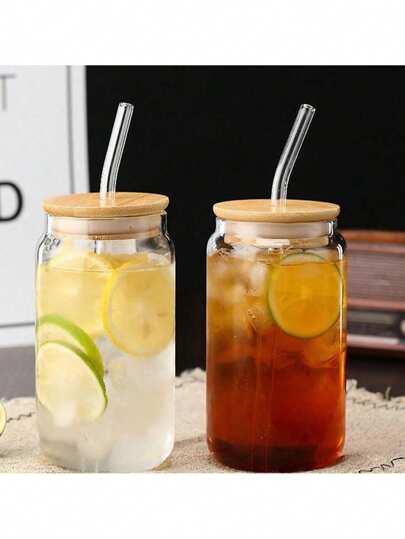 كوب قش من الزجاج الشفاف - غطاء خشبي، كوب مشروبات بطراز بسيط، مناسب لمتاجر الشاي المثلج والقهوة، يمكن أن يحتوي على العصائر والمشروبات الممزوجة والمياه الفوارة والكولا، صحي وسهل الحمل، خيار مثالي للمشروبات الصيفية.