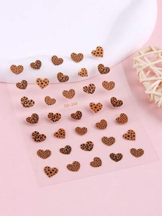 ملصقات فن الأظافر بنقشة القلب والفهد، ملصقات أظافر ثلاثية الأبعاد لاصقة ذاتيًا بنقشات الفهد الأسود والبني ذات بصمة القلب، تصميم أظافر بنقشة الفهد، ديكورات أظافر DIY علبتان