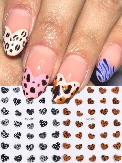ملصقات فن الأظافر بنقشة القلب والفهد، ملصقات أظافر ثلاثية الأبعاد لاصقة ذاتيًا بنقشات الفهد الأسود والبني ذات بصمة القلب، تصميم أظافر بنقشة الفهد، ديكورات أظافر DIY علبتان