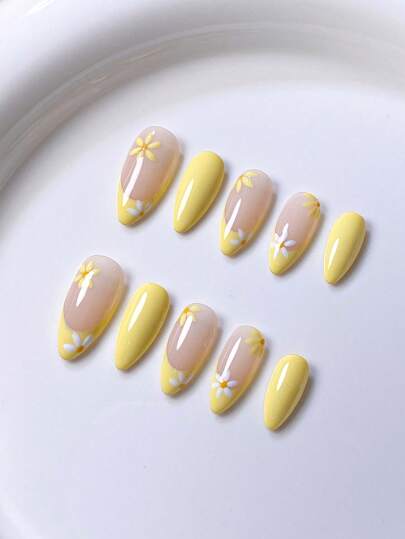 10 قطع من الأظافر الناعمة المصنوعة يدويًا، مرسومة باليد بألوان زهرة الأقحوان الصفراء الدقيقة والوردية التدرجية والأزرق الموجي، نقوشات ثلاثية الأبعاد بنجمة البحر، أظافر مذهلة وأنيقة مناسبة للربيع والصيف