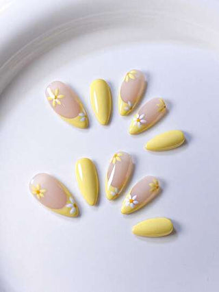 10 قطع من الأظافر الناعمة المصنوعة يدويًا، مرسومة باليد بألوان زهرة الأقحوان الصفراء الدقيقة والوردية التدرجية والأزرق الموجي، نقوشات ثلاثية الأبعاد بنجمة البحر، أظافر مذهلة وأنيقة مناسبة للربيع والصيف