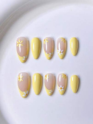 10 قطع من الأظافر الناعمة المصنوعة يدويًا، مرسومة باليد بألوان زهرة الأقحوان الصفراء الدقيقة والوردية التدرجية والأزرق الموجي، نقوشات ثلاثية الأبعاد بنجمة البحر، أظافر مذهلة وأنيقة مناسبة للربيع والصيف