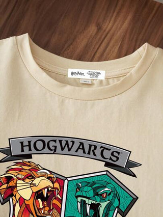 HARRY POTTER X SHEIN تي شيرت بياقة دائرية وأكمام قصيرة للفتيان المراهقين مع طباعة حرفية وحيوانية