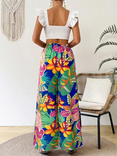 SHEIN VCAY بنطلون نسائي ذو طبعة استوائية ذو تدفق فاخر، مريح للشاطئ والأجازات