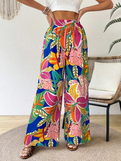 SHEIN VCAY بنطلون نسائي ذو طبعة استوائية ذو تدفق فاخر، مريح للشاطئ والأجازات