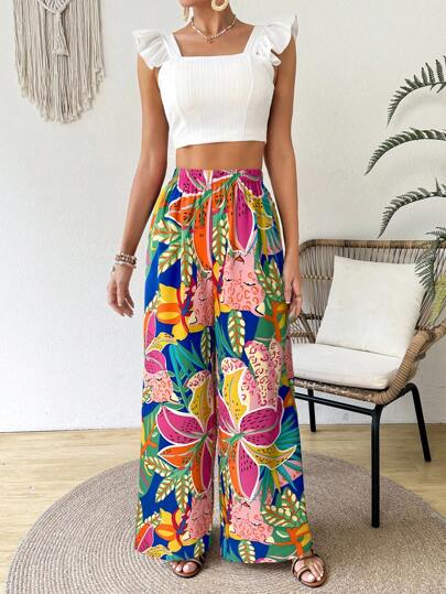 SHEIN VCAY بنطلون نسائي ذو طبعة استوائية ذو تدفق فاخر، مريح للشاطئ والأجازات