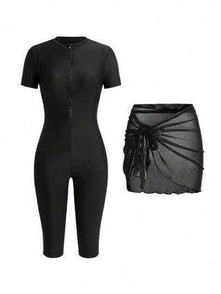 مايوه حريمي قطعة واحدة Swim Mulvari بدلة سباحة قصيرة الأكمام بسحّاب أمامي، قطعة واحدة من الشبك مربوطة، مناسبة للحشمة، باللون الأسود، مناسبة للبحر والربيع والصيف