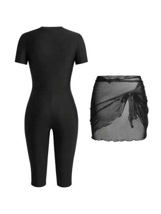 مايوه حريمي قطعة واحدة Swim Mulvari بدلة سباحة قصيرة الأكمام بسحّاب أمامي، قطعة واحدة من الشبك مربوطة، مناسبة للحشمة، باللون الأسود، مناسبة للبحر والربيع والصيف