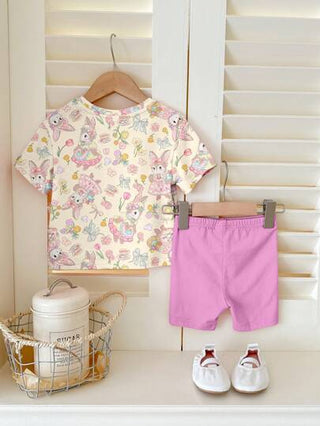 SHEIN مجموعة أزهار مجففة بطبعات أرنب ريفي وزهور ، مجموعات أزهار بوهيمي وبرية ،مجموعات نباتية عتيقة، مجموعات أزهار طبيعية باستيل، بنطلون قصير وقميص بأكمام قصيرة عنق دائري بسيط أنيق مناسب للفتيات الرضع للربيع والصيف