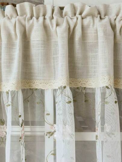 قطعة واحدة ستارة كافيه قصيرة من الكتان شبه شفاف بطرز زهري، بطراز ريفي معاصر مناسبة لغرفة المطبخ وغرفة الطعام