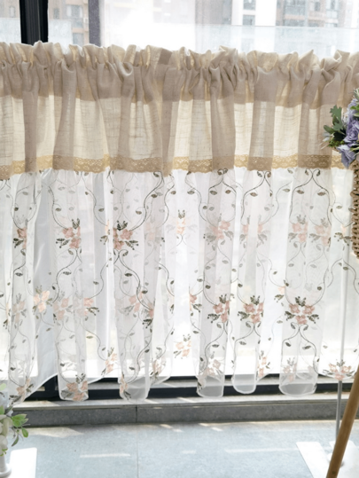 قطعة واحدة ستارة كافيه قصيرة من الكتان شبه شفاف بطرز زهري، بطراز ريفي معاصر مناسبة لغرفة المطبخ وغرفة الطعام