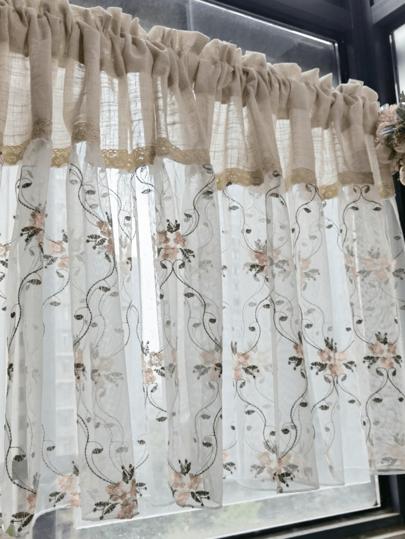 قطعة واحدة ستارة كافيه قصيرة من الكتان شبه شفاف بطرز زهري، بطراز ريفي معاصر مناسبة لغرفة المطبخ وغرفة الطعام