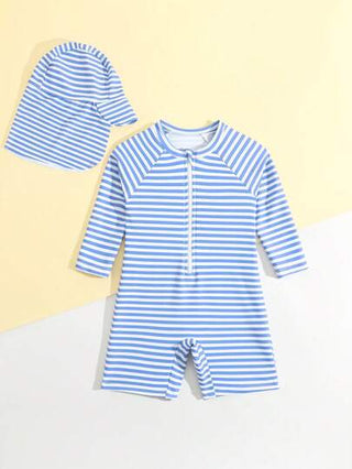 مايوه أولادي بدلة سباحة طفل صبي مخطط عشوائي مع شورت، إضافة طبعة عنق للسباحة مجانية