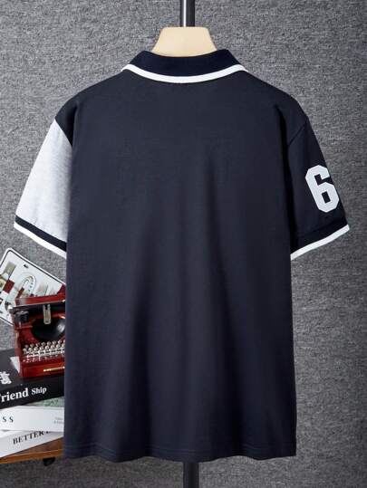 SHEIN قميص بولو للأولاد المراهقين مع لوحات ملونة متباينة ، تطريز حرفي ، أكمام قصيرة رياضية وأنيقة