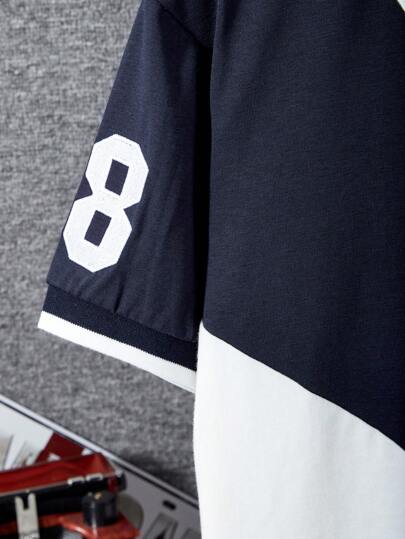 SHEIN قميص بولو للأولاد المراهقين مع لوحات ملونة متباينة ، تطريز حرفي ، أكمام قصيرة رياضية وأنيقة