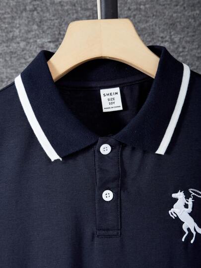 SHEIN قميص بولو للأولاد المراهقين مع لوحات ملونة متباينة ، تطريز حرفي ، أكمام قصيرة رياضية وأنيقة