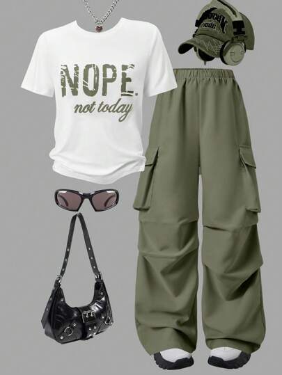 2 قطعة/طقم تي شيرت بطباعة حرف وبياقة مستديرة مع بنطلون كارجو، طراز ملابس كاجوال ستريتوير للمراهقات