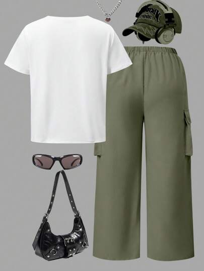 2 قطعة/طقم تي شيرت بطباعة حرف وبياقة مستديرة مع بنطلون كارجو، طراز ملابس كاجوال ستريتوير للمراهقات