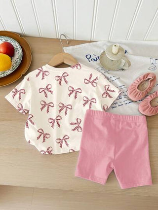 SHEIN طقم تي شيرت وشورت قصير الأكمام بياقة مستديرة للفتيات الرضع، طبعة نمر وردية، ملائم للربيع والصيف