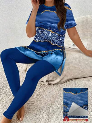INAWLY مجموعتان من الأزياء ذات النمط الرخامي الأزرق، ملابس نسائية كاجوال ومريحة للربيع والصيف