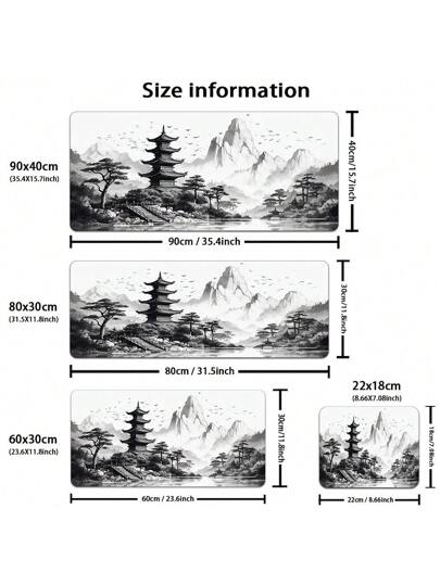 وسادة الفأرة بتصميم الرسم الصيني بالحبر أبيض وأسود قطعة واحدة، وسادة فأرة كبيرة الحجم لللاعبين مع سجادة مكتب مطاطية XXL