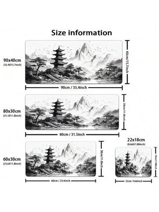 وسادة الفأرة بتصميم الرسم الصيني بالحبر أبيض وأسود قطعة واحدة، وسادة فأرة كبيرة الحجم لللاعبين مع سجادة مكتب مطاطية XXL