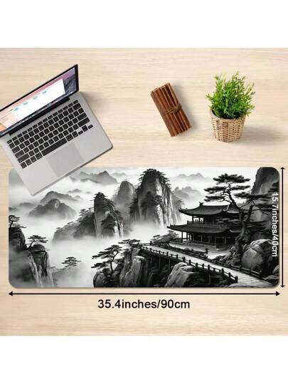 سجادة مكتبية مناظر الجبال الصينية كاملة الأشجار والمعبد باللونين الأسود والأبيض لوحة الفأرة الكبيرة الموسعة XXL لوحة المفاتيح الكمبيوتر المنزلي ، سجادة الماوس والمفاتيح لديكور مكتب المكتب