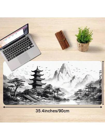 وسادة الفأرة بتصميم الرسم الصيني بالحبر أبيض وأسود قطعة واحدة، وسادة فأرة كبيرة الحجم لللاعبين مع سجادة مكتب مطاطية XXL