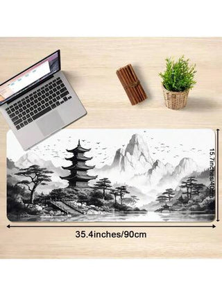 وسادة الفأرة بتصميم الرسم الصيني بالحبر أبيض وأسود قطعة واحدة، وسادة فأرة كبيرة الحجم لللاعبين مع سجادة مكتب مطاطية XXL