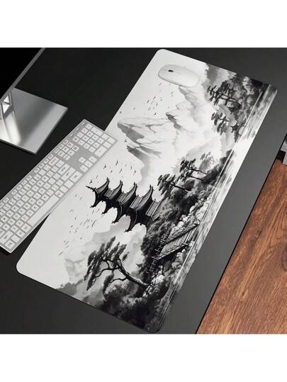 وسادة الفأرة بتصميم الرسم الصيني بالحبر أبيض وأسود قطعة واحدة، وسادة فأرة كبيرة الحجم لللاعبين مع سجادة مكتب مطاطية XXL