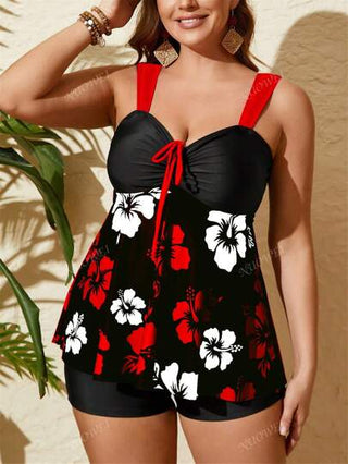 بدلة سباحة من قطعتين للنساء، تشمل تنورة مطبوعة بزهور أنيقة مع أربطة عريضة، وأعلى خصره بسحاب قابل للتعديل مع فيونكة، مجموعة تانكيني مقاس كبير حللية الرقبة