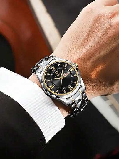 ساعة كوارتز ذات رزام من الفولاذ المقاوم للصدأ فضي أبيض، بعقارب مضيئة مع تقويم، وواجهة مزيّنة بحجارة الراين، طراز أنيق مناسب للاستخدام في الأعمال، هدية مثالية للصديق